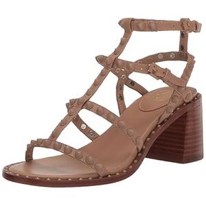 Ash Tan Studded T-Strap Block Heel Sandal